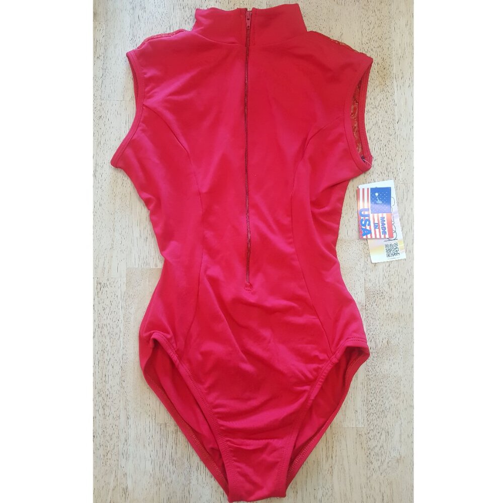 Baltogs size M red zip front, mock neck, lace open back Leotard -NWT